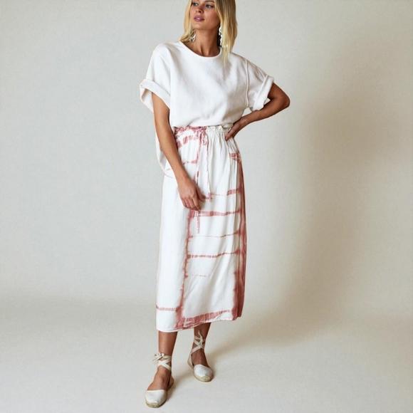 EMERSON FRY | INDIA COLLECTION Hand Tie Dye Terra Cota Faux Wrap Midi Skirt SZ S - Picture 1 of 12